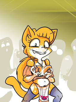anthro areola big_areola big_breasts big_hair bite biting_lip bottomwear breasts clothing cosplay exhibitionism female freckled_chest freckled_face freckled_shoulders freckles fur green_eyes group hair jewelry legwear loincloth male multicolored_body multicolored_fur necklace nipples orange_areola orange_body orange_fur orange_hair orange_nipples orange_spots pasties ponytail pose presenting public public_nudity sharp_teeth spots teeth triforce triforce_symbol white_body white_fur white_mouth white_spots scott_ramsoomair vglewds nintendo the_legend_of_zelda vg_cats april_(vg_cats) domestic_cat felid feline felis mammal hi_res pinup