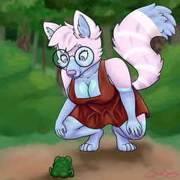 anthro bending_down big_breasts breasts clothed clothing dress female outside simple_background solo shamefulsuccubus stella_(shamefulsuccubus) ailurid amphibian frog mammal red_panda 1:1 pastel_theme