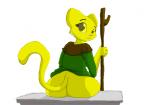 anthro biped bottomless butt clothed clothing female fur simple_background sitting solo staff white_background yellow_body yellow_eyes yellow_fur zokva bethesda_game_studios microsoft oblivion prequel_adventure the_elder_scrolls katia_managan felid khajiit mammal