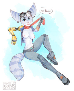 5_fingers anthro areola blue_eyes breasts clothed clothing cybernetic_arm cybernetic_limb cybernetics disability ear_piercing ear_ring eyewear female fingers fur gloves goggles hair handwear machine navel nipples open_clothing open_mouth open_topwear open_vest piercing pink_nose prosthetic prosthetic_arm prosthetic_limb purple_body purple_fur ring_piercing scarf smile solo teeth tongue topwear vest white_hair araivis-edelveys ratchet_and_clank sony_corporation sony_interactive_entertainment rivet_(ratchet_and_clank) cyborg lombax mammal hi_res