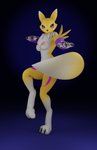 anthro blue_eyes breasts claws female fur looking_at_viewer mostly_nude multicolored_body nipples paws purple_background purple_sleeves simple_background solo white_body white_fur yellow_body yellow_fur flapcats bandai_namco digimon canid digimon_(species) mammal renamon 3d_(artwork) absurd_res digital_media_(artwork) hi_res