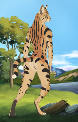 andromorph andromorph_anthro anthro arm_markings back_markings biped black_body black_countershading black_markings black_stripes black_tail blue_sky brown_body brown_fur brown_tail brown_vulva butt butt_markings cloud countershade_arms countershade_butt countershade_face countershade_feet countershade_fur countershade_hands countershade_legs countershade_neck countershade_tail countershade_torso countershading day digitigrade dipstick_tail ear_markings facial_markings feet fingers fur fur_markings genitals grass green_eyes grey_inner_ear grey_nose head_markings hill hindpaw hip_markings humanoid_hands inner_ear_fluff intersex intersex_anthro iris lake leg_markings looking_at_viewer looking_back looking_back_at_viewer markings mouth_closed multicolored_body multicolored_fur multicolored_tail neck_markings nude nude_andromorph nude_anthro nude_intersex outside paws plant presenting presenting_hindquarters pupils rear_view reverse_countershading ring_(marking) ringed_tail rock shoulder_markings sky slim slim_andromorph slim_anthro slim_intersex slit_pupils solo spread_butt spreading standing striped_markings striped_tail stripes tail tail_markings tan_body tan_countershading tan_fur tan_inner_ear_fluff tan_markings tan_stripes tan_tail toeless_(marking) tree tuft vulva whiskers white_markings white_sclera white_tail_tip white_toes white_whiskers skullsbesan kalshan_(purrma) felid feline mammal serval 2025 absurd_res full-length_portrait hi_res portrait