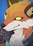 anthro biped black_nose blue_background brown_ears clothed clothing empty_eyes fur inner_ear_fluff kemono male multicolored_body multicolored_fur orange_body orange_fur simple_background smile solo tuft white_body white_fur yellow_eyes dark_ishihara epic_games fortnite fennix_(fortnite) canid canine fox mammal red_fox true_fox 2019 digital_media_(artwork) headshot_portrait hi_res portrait