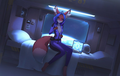 anthro bed biped breasts claws clothed clothed_anthro clothed_female clothing countershade_torso countershading feet female fingers front_view fur furniture hair inside looking_at_viewer navel pillow sitting smile solo tail toes window sleepyhelen canid canine fox mammal 2026 digital_drawing_(artwork) digital_media_(artwork) hi_res