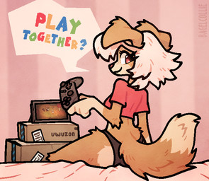 anthro bed bed_sheet bedding black_clothing black_panties black_underwear box clothing container controller detailed_background female furniture game_controller gaming hair holding_controller holding_object long_hair looking_at_viewer on_bed panties playing_video_game screen shirt sitting sitting_on_bed solo text topwear underwear bagelcollie amazon_(company) don't_starve klei_entertainment bagel_(bagelcollie) border_collie canid canine canis collie domestic_dog herding_dog mammal pastoral_dog sheepdog 2024 artist_name digital_media_(artwork) english_text portrait