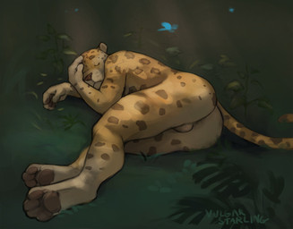 4_toes anthro backsack balls biped brown_nose brown_spots butt casual_nudity eyebrows eyes_closed feet fern fur genitals grass lying male markings nude on_side pawpads paws plant sleeping solo spots spotted_body spotted_fur tan_body tan_fur toes whiskers vulgarstarling felid leopard mammal pantherine 2021 digital_media_(artwork) digital_painting_(artwork) hi_res painting_(artwork)