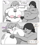 absurd_res bovid bovine breasts cattle comic english_text expansion female growth hi_res kynesart mammal overweight self_suckle slightly_chubby text weight_gain