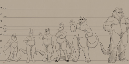 ambiguous_gender anthro chart group height_chart lineup male nude overweight size_difference slightly_chubby smile weird_dog_thing badger bat bear brown_bear chinese_water_deer deer felid grizzly_bear honey_badger hybrid lagomorph leporid mammal murid murine mustelid musteline prehistoric_species rabbit rat rodent saber-toothed_tiger smilodon ursine water_deer absurd_res hi_res sketch