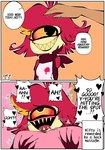 ambiguous_gender back_massage clothed clothing dialogue duo female heart_eyes heart_symbol not_furry speech_bubble text artofjiji hazbin_hotel niffty_(hazbin_hotel) cyclops demon demon_humanoid humanoid comic english_text hi_res