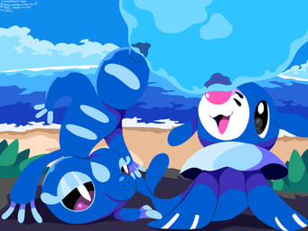 ambiguous_gender beach black_eyes blue_body cloud duo feral grass handstand markings open_mouth plant purple_eyes sea sky tail tongue water whisker_markings sleepy_sealion nintendo pokemon pokemon_winds_and_waves gecqua generation_10_pokemon generation_7_pokemon lizard pokemon_(species) popplio reptile scalie 2026 4:3 absurd_res dated hi_res signature