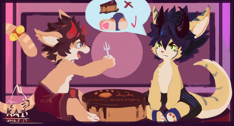 2_horns angry anthro bell biped black_eyes blue_eyes blue_hair bottomwear brown_hair cake chibi clothing curved_horn cutlery dessert duo food fork fur green_sclera hair happy horn kitchen_utensils male orange_body orange_fur pawpads paws shorts tools yellow_body yellow_fur nekokaii canid canine felid feline fox mammal species_request 2018 hi_res