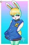 anthro bedroom_eyes blonde_hair clothing eyelashes femboy hair jacket long_eyelashes makeup male narrowed_eyes seductive solo topwear purplevulpes animal_crossing nintendo sasha_(animal_crossing) lagomorph leporid mammal rabbit hi_res