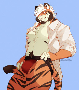 abs anthro beard blue_background body_hair brown_beard brown_body brown_facial_hair brown_fur brown_stripes bulge chin_piercing claws clothed clothing dipstick_tail ear_piercing ear_stud eyebrow_piercing facial_hair facial_piercing fingerless_(marking) fur goatee hair happy_trail industrial_piercing inner_ear_fluff jockstrap looking_at_viewer male male_anthro markings muscular muscular_male navel nipple_piercing nipples open_clothing open_shirt open_topwear orange_body orange_fur partially_clothed_male pecs piercing pink_nipples pink_nose red_clothing red_eyes red_jockstrap red_underwear shirt short_hair simple_background smile solo standing stripes tail tail_markings text three-quarter_view topwear tuft underwear whisker_spots white_dress_shirt white_hair white_inner_ear_fluff thesketchfox felid mammal pantherine tiger absurd_res artist_name hi_res portrait signature three-quarter_portrait