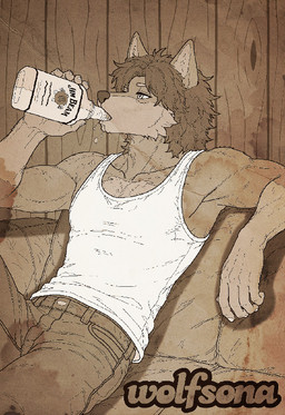 1970s_theme alcohol anthro beverage blue_bottomwear blue_clothing blue_jeans blue_pants bottle_in_mouth bottomwear bourbon_(drink) brown_hair brown_sofa clothing denim denim_bottomwear denim_clothing drinking dripping dripping_chin droplets drunk filter fur furniture glass_bottle hair jeans leather_couch liquor male messy_hair multicolored_body multicolored_fur muscular muscular_male old_photograph on_sofa one_eye_closed pants raised_leg relaxing shirt sitting sitting_on_sofa sofa solo substance_intoxication tank_top topwear two_tone_body two_tone_fur whiskey whiskey_bottle white_sclera wood_paneling yellow_eyes jim_beam canid canine canis mammal wolf shaded watermark