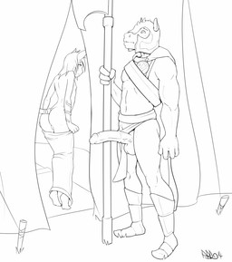 anthro armor axe butt duo erection genitals headgear helmet hybrid_genitalia hybrid_penis male medial_ring melee_weapon penis weapon hear_(artist) equid equine felid horse mammal monochrome