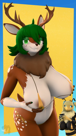 anthro antlers big_breasts bikini bikini_top blep breasts buckteeth clothing duo female food green_hair hair honey_(food) horn mature_female neck_tuft revamped_anthros swimwear teeth tongue tongue_out tuft two-piece_swimsuit donglysfm golden_week abby_(donglysfm) tea_tree_(donglysfm) arthropod bee deer hymenopteran insect mammal 3d_(artwork) 4k 9:16 absurd_res digital_media_(artwork) hi_res source_filmmaker_(artwork)