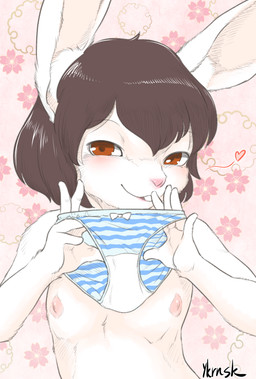 alternate_species amber_eyes anthro bedroom_eyes bottomwear brown_hair buckteeth clothing female female_anthro flat_chested fur furrification hair heart_symbol holding_clothing holding_object holding_panties holding_underwear looking_at_viewer narrowed_eyes nipples panties pattern_bottomwear pattern_clothing pattern_panties pattern_underwear presenting_panties presenting_underwear seductive smile solo striped_bottomwear striped_clothing striped_panties striped_underwear stripes teeth underwear white_body white_fur young young_anthro young_female yukaran_nosuke touhou tewi_inaba lagomorph leporid mammal rabbit colored digital_media_(artwork) shaded signature