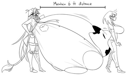 big_breasts bottomwear breasts clothing duo female hair huge_breasts hyper hyper_breasts long_hair mask simple_background skirt text white_background sepiascribe meushi_mattie_(matsu-sensei) animal_humanoid bovid bovid_humanoid human humanoid mammal mammal_humanoid monochrome