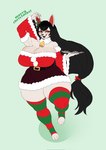 anthro bell bell_collar belt big_breasts big_butt breasts butt christmas_clothing clothing collar cookie costume facial_markings female food fur head_markings holiday_message holidays huge_breasts huge_hips legwear markings mistletoe plant red_ribbon santa_costume solo stockings thick_thighs thigh_highs white_body white_fur wide_hips gatoradeew christmas bari_(lewdeunni) canid canine mammal hi_res