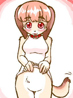 5_fingers anthro blush bottomless brown_body brown_fur clothed clothing clothing_lift collar dipstick_ears dress ear_markings featureless_crotch female fingers fur hair kemono long_ears looking_at_viewer motion_lines multicolored_ears null pink_hair red_eyes short_hair simple_background solo tail tail_motion tailwag white_background kin-shun mai_(kin-shun) canid canine canis domestic_dog mammal 3:4 aliasing cel_shading digital_media_(artwork) low_res shaded