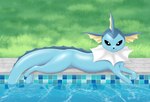 ambiguous_gender feral grass looking_at_viewer lying on_front outside plant poolside seductive solo tail water draquarzi nintendo pokemon canid canine eeveelution generation_1_pokemon mammal pokemon_(species) vaporeon digital_media_(artwork) hi_res