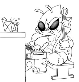 4_arms 4_fingers alternate_species antennae_(anatomy) anthro bendy_straw chinese_takeout_container chopsticks clothed clothing container cup dipstick_antennae drinking_straw electric_guitar eyelashes female fingers footwear freckles gloves_(marking) guitar hair holding_musical_instrument holding_object keyboard_instrument leg_markings markings multi_arm multi_limb multicolored_antennae musical_instrument musical_keyboard plucked_string_instrument sandals shoes simple_background sitting solo string_instrument tongue tongue_out white_background kajabuubuu disney lilo_and_stitch the_buzz_on_maggie maggie_pesky alien experiment_(lilo_and_stitch) 2020 absurd_res crossover greyscale hi_res monochrome