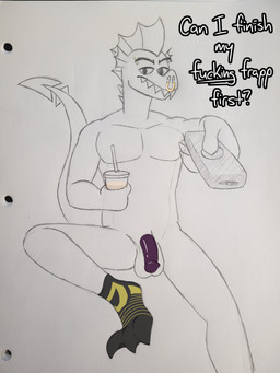 anthro balls beverage clothing controller drink_in_hand eyebrow_piercing facial_piercing flaccid footwear footwear_only genitals humanoid_genitalia humanoid_penis male mostly_nude nose_piercing nose_ring penis piercing remote_control ring_piercing socks socks_only solo text aaron_amethyst friendship_is_magic hasbro my_little_pony mythology garble_(mlp) dragon mythological_creature mythological_scalie scalie 3:4 absurd_res english_text hi_res traditional_media_(artwork)