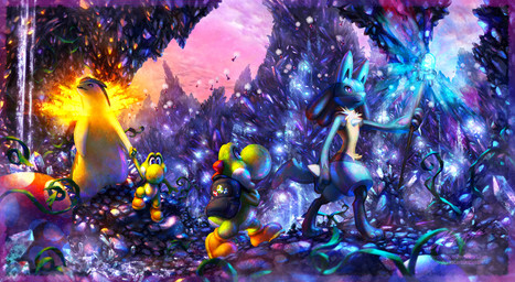 ambiguous_gender backpack cave clothing cloud detailed_background fire footwear group hand_holding ja-punkster mario_bros nintendo pokemon generation_2_pokemon generation_4_pokemon green_yoshi lucario pokemon_(species) typhlosion yoshi crossover hi_res