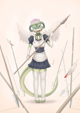 5_toes airborne_feather anthro apron armwear black_clothing blood blood_drip blood_on_clothing blood_on_face blood_on_weapon blue_eyes bodily_fluids breasts clothed clothing dripping evil_look feathered_wings feathers feet female fingers gloves green_body green_scales green_tail handwear holding_melee_weapon holding_object holding_polearm holding_spear holding_weapon horn legwear loose_feather maid_uniform melee_weapon polearm scales solo spear tail thigh_highs toes uniform weapon white_apron white_armwear white_clothing white_gloves white_handwear wings lim microsoft the_elder_scrolls argonian reptile scalie 2022 absurd_res hi_res