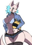 anthro belt big_breasts black_sclera blue_clothing blue_eyes blue_hair bottomwear bra breasts cleavage clothed clothing female hair hand_on_hip hotpants jacket legwear motorcycle_helmet navel open_mouth shorts simple_background solo standing tail teeth thigh_highs topwear underwear wide_hips zevulpes citadel_(juppi) reptile scalie snake hi_res