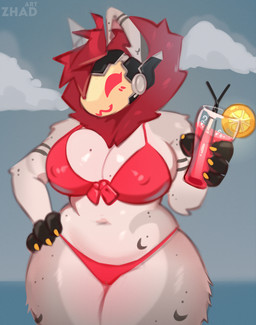 alcohol anthro beverage big_breasts bikini breasts camel_toe canine_ears cleavage clothed clothing female food fruit fur grey_body grey_fur hand_on_hip holding_beverage holding_object lemon machine mane mixed_drink navel nipple_outline offering_beverage plant protogen_visor red_bikini red_clothing red_mane red_swimwear screen screen_face solo swimwear thick_thighs two-piece_swimsuit wide_hips zhadart gloria_(rosethederg) armorless_protogen humanoid protogen hi_res
