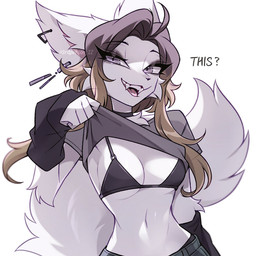 anthro bottomwear bra breasts clothed clothing clothing_lift curvy_figure ear_piercing ear_ring fangs female flirting flirting_with_viewer fluffy fluffy_tail grin hourglass_figure looking_at_viewer navel panties piercing ring_piercing shameless sharp_teeth shirt shirt_lift skirt small_waist smile solo tail teeth topwear underwear 3rdperson_iz bra_strap_showing_(meme) canid canine fox mammal hi_res meme