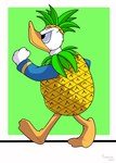 anthro beak clothed clothing costume food food_costume fruit fruit_costume male pineapple pineapple_costume plant side_view simple_background solo walking pharynx disney donald_duck anatid anseriform avian bird duck 2022 hi_res signature