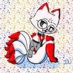 anthro black_eyes circle_glasses clothing cute_fangs fangs fox_tail fur jacket knock-kneed looking_at_viewer male multi_tail multicolored_body multicolored_fur paws red_body red_fur sitting sitting_on_ground solo tail teeth topwear two_tone_body two_tone_fur white_body white_fur renv canid canine fox mammal 1:1 2024 absurd_res hi_res signature