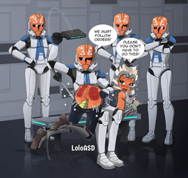 anthro anus armor bodily_fluids bottomwear bottomwear_down butt butt_slap clothed clothing corporal_punishment crying dialogue dominant dominant_male duo female group jedi male on_lap orange_body paddle paddling panties panties_down pants pants_down partially_clothed punishment reddened_butt slap spacecraft spank_marks spank_marks_on_ass spanked_butt spanking spanking_paddle submissive submissive_female tears text underwear underwear_down vehicle loloasd clone_wars star_wars ahsoka_tano clone_trooper alien alien_humanoid humanoid togruta english_text hi_res