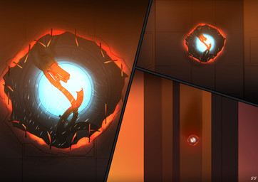 blue_glow blue_light building cable damaged damaged_building glowing hole_in_wall machine not_furry outside pipe red_glow red_light sparks tower zero_pictured rednroge comic hi_res