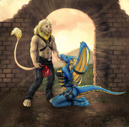 4_toes anthro athletic barefoot bdsm blue_body blue_eyes blue_scales bondage bottomwear bound brick claws clothed clothing cupping_chin detailed_background duo eye_contact feet female fur green_eyes hands_behind_back harness kneeling long_tail looking_at_another male mane membrane_(anatomy) membranous_wings multicolored_body multicolored_scales navel nipples pants pink_nose ruins scales smile standing sunset tail tail_tuft tan_body tan_fur toe_claws toes tuft two_tone_body two_tone_scales whip wings yellow_body yellow_scales rufciu mythology dragon felid lion mammal mythological_creature mythological_scalie pantherine scalie 2015 digital_media_(artwork) hi_res signature