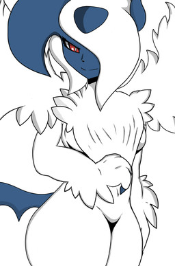 anthro blue_body blue_skin female fur looking_at_viewer solo thick_thighs white_body white_fur wide_hips jaxzstar nintendo pokemon canid generation_3_pokemon generation_6_pokemon mammal mega_absol mega_evolution pokemon_(species) hi_res