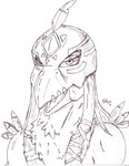 anthro armor beak feathers female hair half-closed_eyes headgear helmet looking_at_viewer narrowed_eyes open_mouth solo jimfoxx bandai_namco digimon avian bird digimon_(species) garudamon 2018 bust_portrait hi_res portrait signature