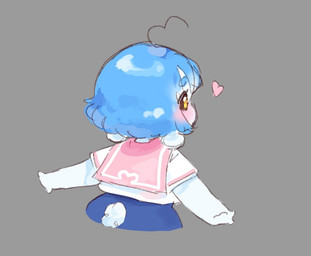ahoge anthro arms_out black_sclera blue_bottomwear blue_clothing blue_hair bottomwear clothing eyelashes female grey_background hair heart_symbol pink_clothing pink_topwear rear_view rosy_cheeks simple_background solo tail topwear white_clothing white_topwear yellow_eyes scorci chelsi bovid caprine mammal sheep 2023