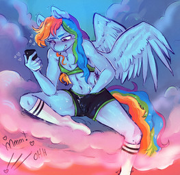 5_fingers anthro anthrofied athletic athletic_anthro athletic_female athletic_wear back_wings biped bite biting_lip biting_own_lip black_bottomwear black_clothing black_footwear black_shorts black_socks black_text blonde_hair blue_body blue_eyebrows blue_fur blue_hair blue_tail blue_wings blush blush_lines bodily_fluids bottomwear bra breasts cellphone clothed clothed_anthro clothed_female clothed_masturbation clothing cloud electronics eyebrows eyelashes feathered_wings feathers female female_anthro fingering fingering_self fingers footwear fur green_bottomwear green_bra green_clothing green_hair green_shorts green_tail green_underwear hair hand_in_pants holding_cellphone holding_object holding_phone holding_smartphone humanoid_hands long_hair looking_at_another looking_down masturbation midriff moan multicolored_bottomwear multicolored_clothing multicolored_footwear multicolored_hair multicolored_shorts multicolored_socks multicolored_tail navel nipple_outline offscreen_character on_cloud orange_hair orange_tail outside peeping phone pink_eyes pupils purple_hair purple_tail rainbow_hair rainbow_tail red_hair red_tail self_bite shorts small_breasts smartphone snout socks solo spandex spandex_shorts sports_bra sweat sweaty_arms sweaty_face sweaty_legs tail teeth text tight_bottomwear tight_clothing tight_shorts two_tone_bottomwear two_tone_clothing two_tone_footwear two_tone_shorts two_tone_socks underwear vaginal vaginal_fingering vaginal_masturbation voyeur white_clothing white_footwear white_socks wings yellow_tail currentlytr_ash friendship_is_magic hasbro my_little_pony mythology rainbow_dash_(mlp) equid equine mammal mythological_creature mythological_equine pegasus 2025 english_text hi_res