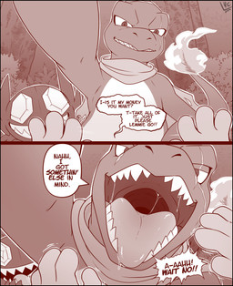 ambiguous_gender black_border bodily_fluids border dialogue drooling eye_scar facial_scar feral fire flaming_tail forest gaping_mouth glistening glistening_tongue group high-angle_view imminent_vore male mouth_shot open_mouth plant saliva saliva_on_tongue saliva_string scar sharp_teeth smile snout tail teeth text throat tongue tongue_out tree trio unwilling_prey vore_pov incredibleediblecalico nintendo pokemon charmeleon generation_1_pokemon generation_3_pokemon pokemon_(species) sableye comic english_text hi_res monochrome