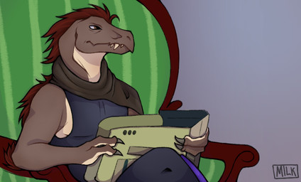 3_fingers anthro arm_tuft armchair chair claws clothing elbow_tuft finger_claws fingers frown furniture hair male red_hair sharp_teeth shirt sitting solo tablet_computer tan_body tank_top teeth topwear tuft milkart2072 halo_(series) microsoft tom_reading_the_newspaper xbox_game_studios flux_(shoryuken92) alien kig-yar ruuhtian scalie colored meme