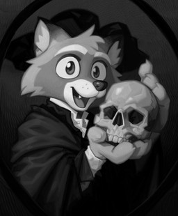 4_fingers anthro big_eyes bone claws cloak clothed clothed_anthro clothed_male clothing cute_fangs dipstick_ears ear_markings eyebrows facial_markings fangs finger_claws fingers fully_clothed fully_clothed_anthro fully_clothed_male fur hair head_markings holding_skull inner_ear_fluff looking_at_viewer male male_anthro markings mask_(marking) multicolored_body multicolored_ears multicolored_fur open_mouth open_smile short_hair skull smile smiling_at_viewer solo teeth tongue toony topwear tuft whisker_spots raymodule raymond_(raymodule) mammal procyonid raccoon digital_media_(artwork) greyscale half-length_portrait monochrome portrait shaded