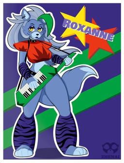 anthro armwear barefoot belt big_breasts black_nose blue_body blue_fur border bracelet breasts cheek_tuft clothed clothing collar colored_nails dipstick_tail ear_piercing facial_markings facial_tuft feet female fingers front_view fur green_highlights green_nails grey_hair hair head_markings highlights_(coloring) holding_keytar holding_musical_instrument holding_object jewelry legwear lipstick long_hair machine makeup markings musical_instrument nails nipple_outline pattern_armwear pattern_clothing pattern_legwear piercing purple_armwear purple_background purple_body purple_clothing purple_fur purple_legwear purple_lipstick red_clothing red_topwear shoulder_pads simple_background solo striped_armwear striped_clothing striped_legwear stripes studded_belt studded_bracelet studded_collar studded_jewelry studs tail tail_markings text thick_thighs topwear tuft white_border wide_hips yellow_eyes zhenai five_nights_at_freddy's five_nights_at_freddy's:_security_breach scottgames steel_wool_studios roxanne_wolf animatronic canid canine canis mammal robot wolf 2020 digital_media_(artwork) hi_res