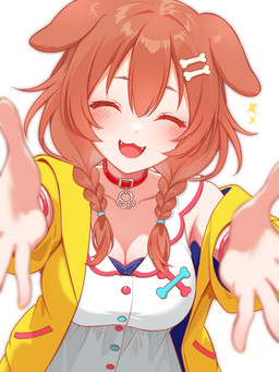 accessory animal_ears big_breasts blush braided_hair breasts brown_hair cat_smile choker cleavage clothed clothing coat collarbone dress ears_down eyes_closed fangs female hair hair_accessory hair_between_eyes happy jewelry necklace open_mouth outstretched_arms pigtails pivoted_ears red_choker red_jewelry red_necklace simple_background sparkles teeth topwear twin_braids white_background white_clothing white_dress yellow_clothing yellow_coat yellow_topwear kamineko9675 hololive vtuber inugami_korone animal_humanoid canid canid_humanoid canine canine_humanoid dog_humanoid humanoid mammal mammal_humanoid 3:4 hi_res
