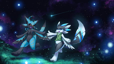 anthro big_tail black_body black_feathers black_sclera blue_body blue_eyes blue_feathers blue_markings bottomless clothed clothing duo ear_markings facial_markings feather_hair feathered_chest feathered_wings feathers female forehead_markings frolicking grass green_clothing green_hoodie green_topwear head_markings hoodie hoodie_vest iridescent_feathers iridescent_markings leg_markings looking_at_another looking_at_partner low-angle_view male markings night plant pseudo_hair reaching_out reaching_towards_another red_clouds shooting_star smile smiling_at_another smiling_at_partner star tail tail_feathers tail_markings thigh_markings topwear topwear_only white_body white_feathers wings yellow_eyes yellow_markings kampidh braid_(k'braid) eili_(k'braid) arthropod avali beetle elateroid firefly insect 16:9 4k absurd_res hi_res widescreen