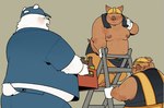 anthro belly big_belly blush bottomwear clothing eyes_closed gloves group handwear hat headgear headwear kemono male moobs nipples overweight overweight_male pants shirt smile topwear towel towel_around_neck quanjiang bear domestic_pig mammal polar_bear suid suina sus_(pig) ursine 2024