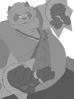anthro asian_clothing chinese_clothing clothing east_asian_clothing eyewear fighting_pose glasses kemono male overweight overweight_male pose ring simple_background solo white_background 0_7us mihoyo zenless_zone_zero pan_yinhu bear giant_panda mammal thiren 2025 3:4 colored_sketch greyscale hi_res monochrome sketch