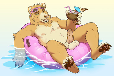 alcohol anthro balls beverage brown_body brown_fur claws coconut coconut_drink drupe_(fruit) erection eyewear eyewear_on_head feet food fruit fur genitals hair humanoid_genitalia humanoid_penis inflatable inner_tube looking_at_viewer male nipples nude open_mouth outside overweight pawpads penis plant smile solo sunglasses sunglasses_on_head teeth toes tongue water beezlebumawoken conditional_dnp bear mammal 3:2 digital_media_(artwork)